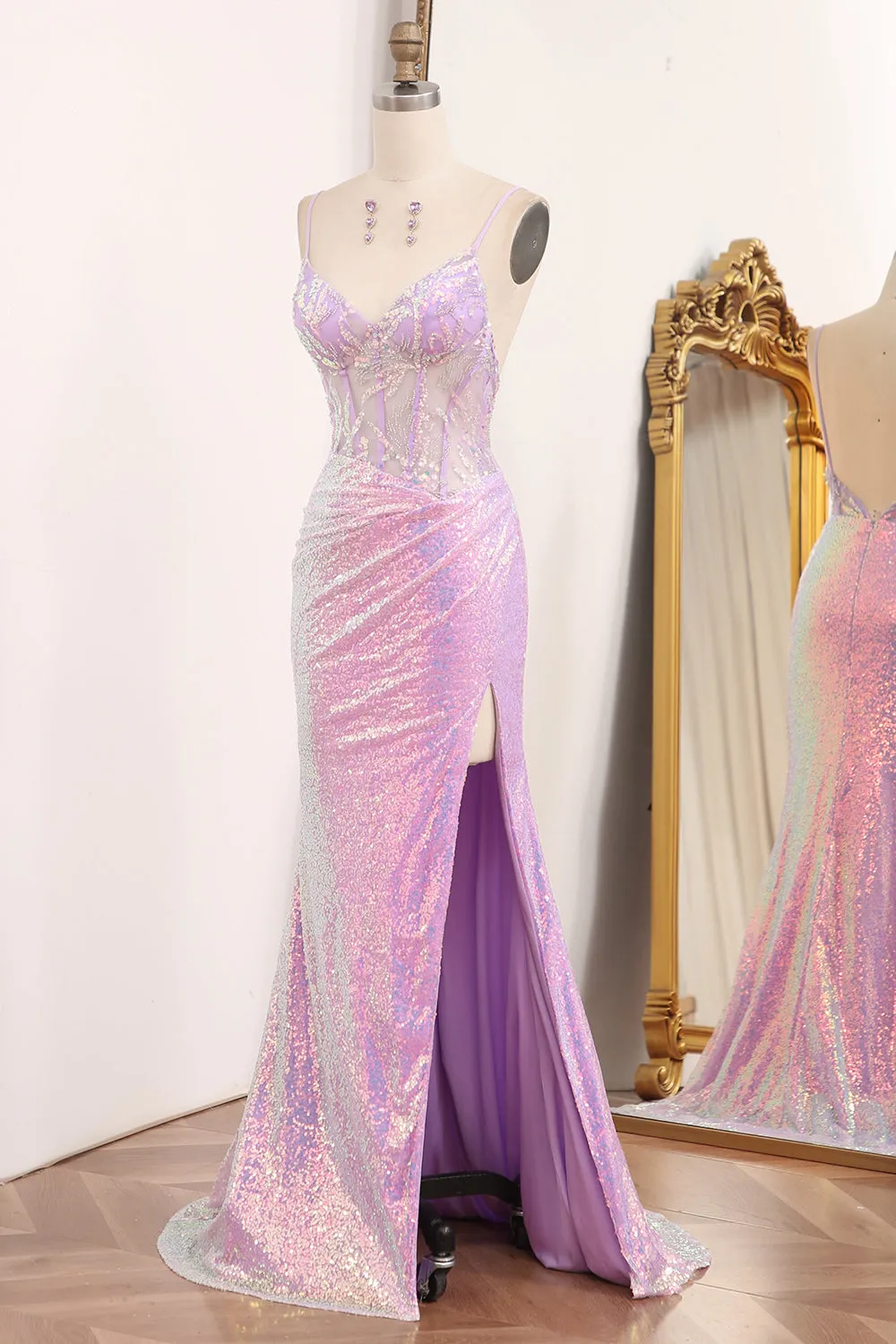 Luolandi Sparkly Mermaid Backless Long Corset Prom Dress With Slit Sexy Evening Dresses