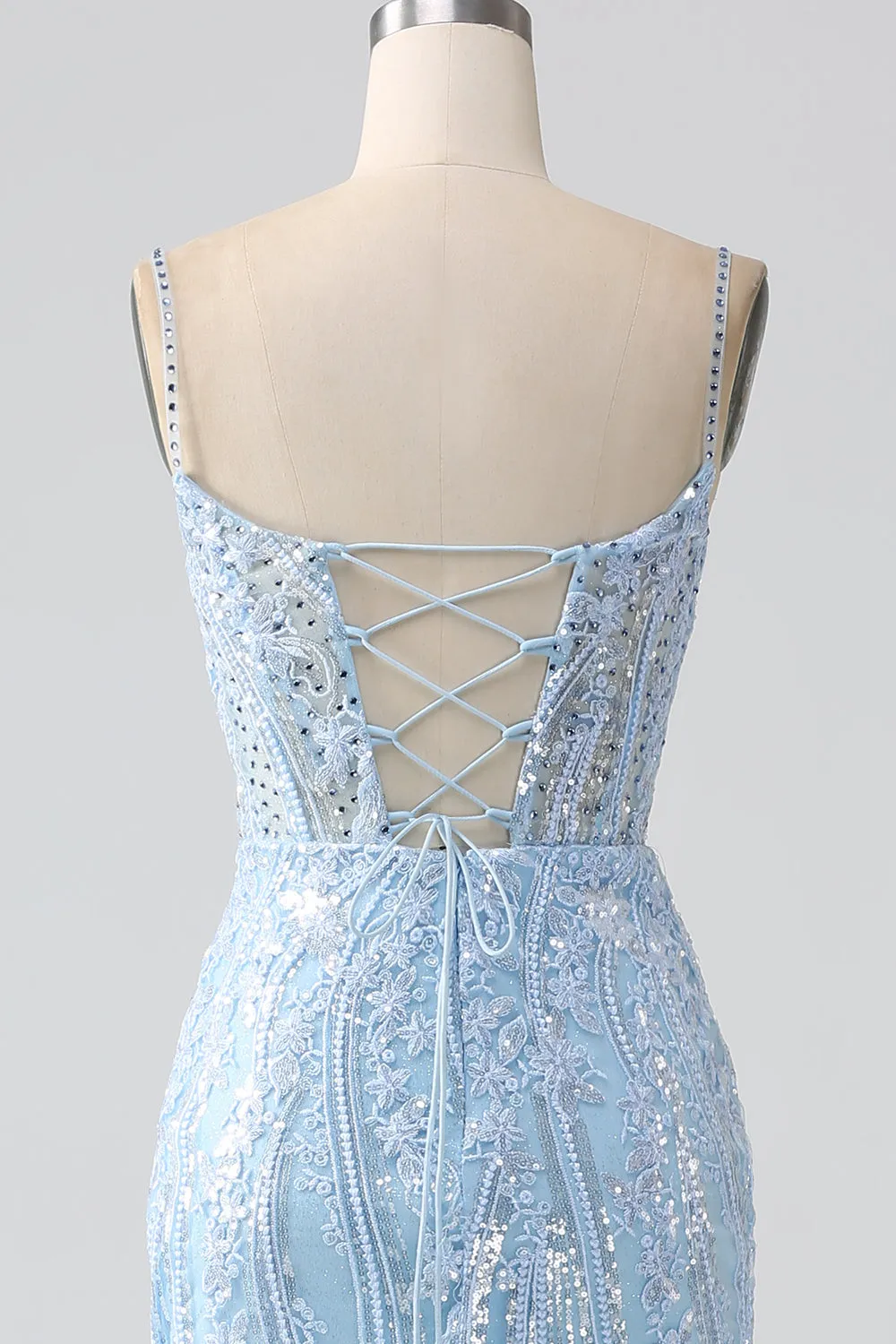 Luolandi Sparkly Sky Blue Mermaid Spaghetti Straps Corset Long Prom Dress With Sequins Beautiful