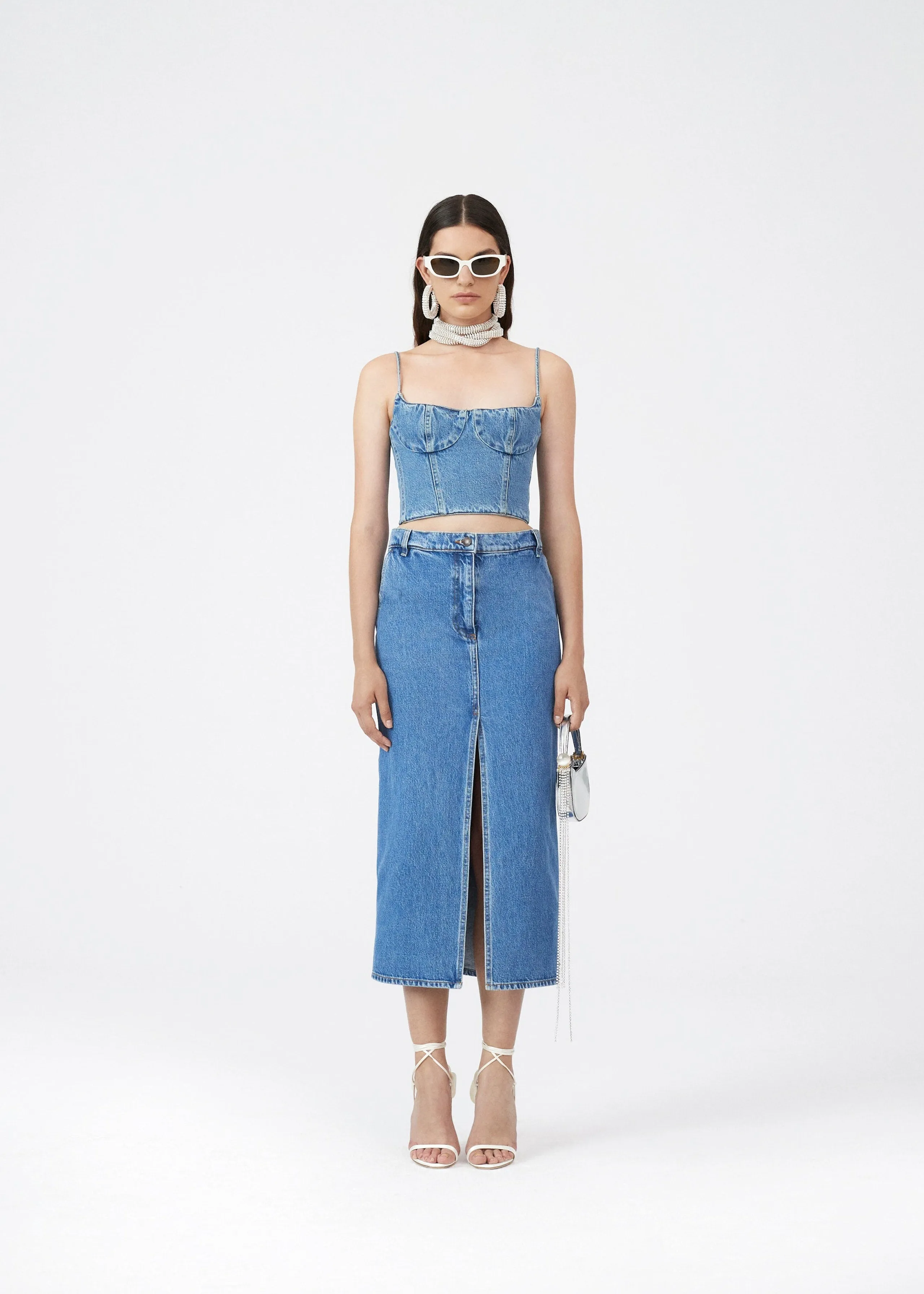 ROSALINE Denim demi bustier top in blue - Dark Blue