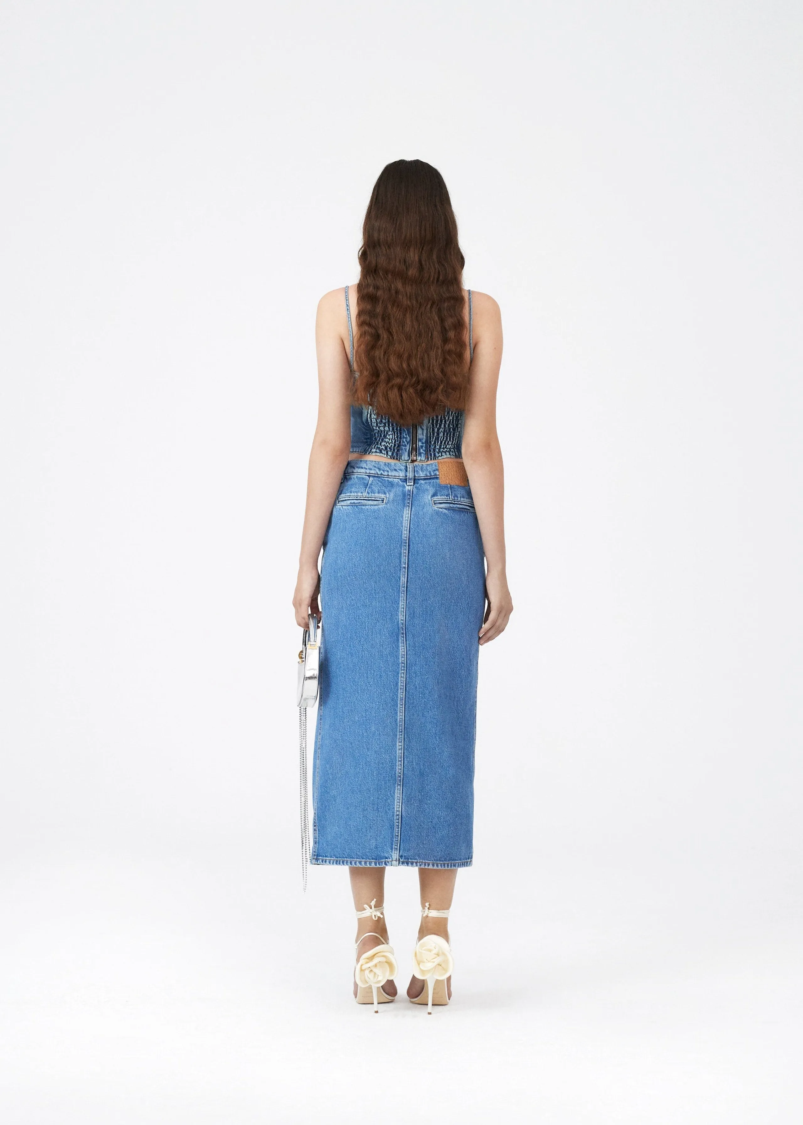 ROSALINE Denim demi bustier top in blue - Dark Blue
