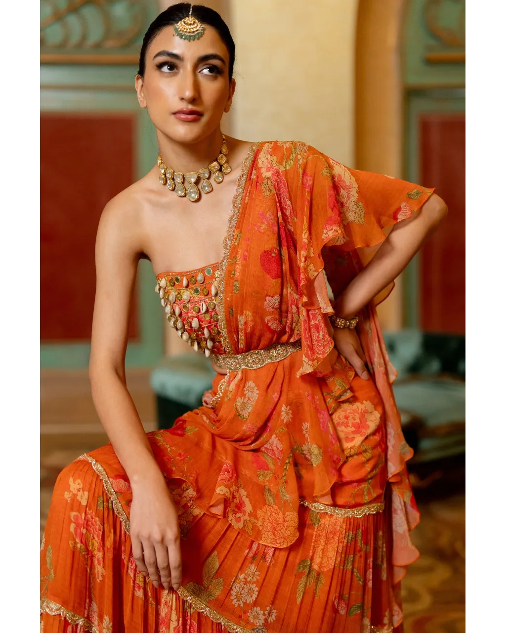Rust Orange Floral Printed Chiffon Sari Set