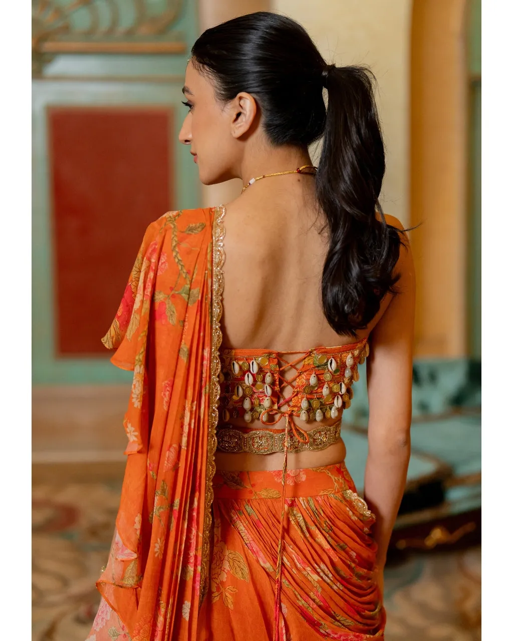 Rust Orange Floral Printed Chiffon Sari Set