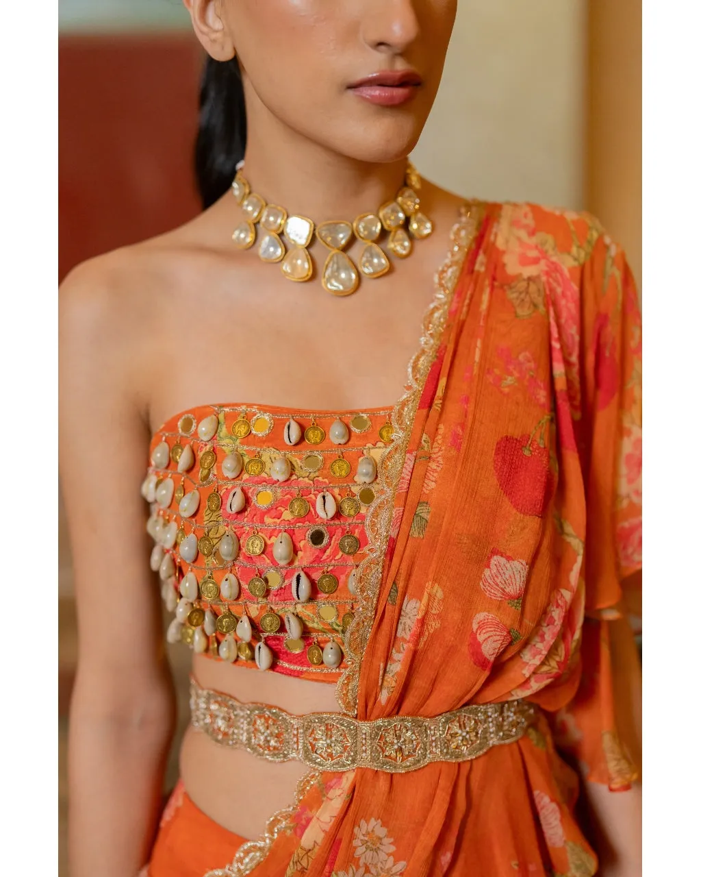 Rust Orange Floral Printed Chiffon Sari Set