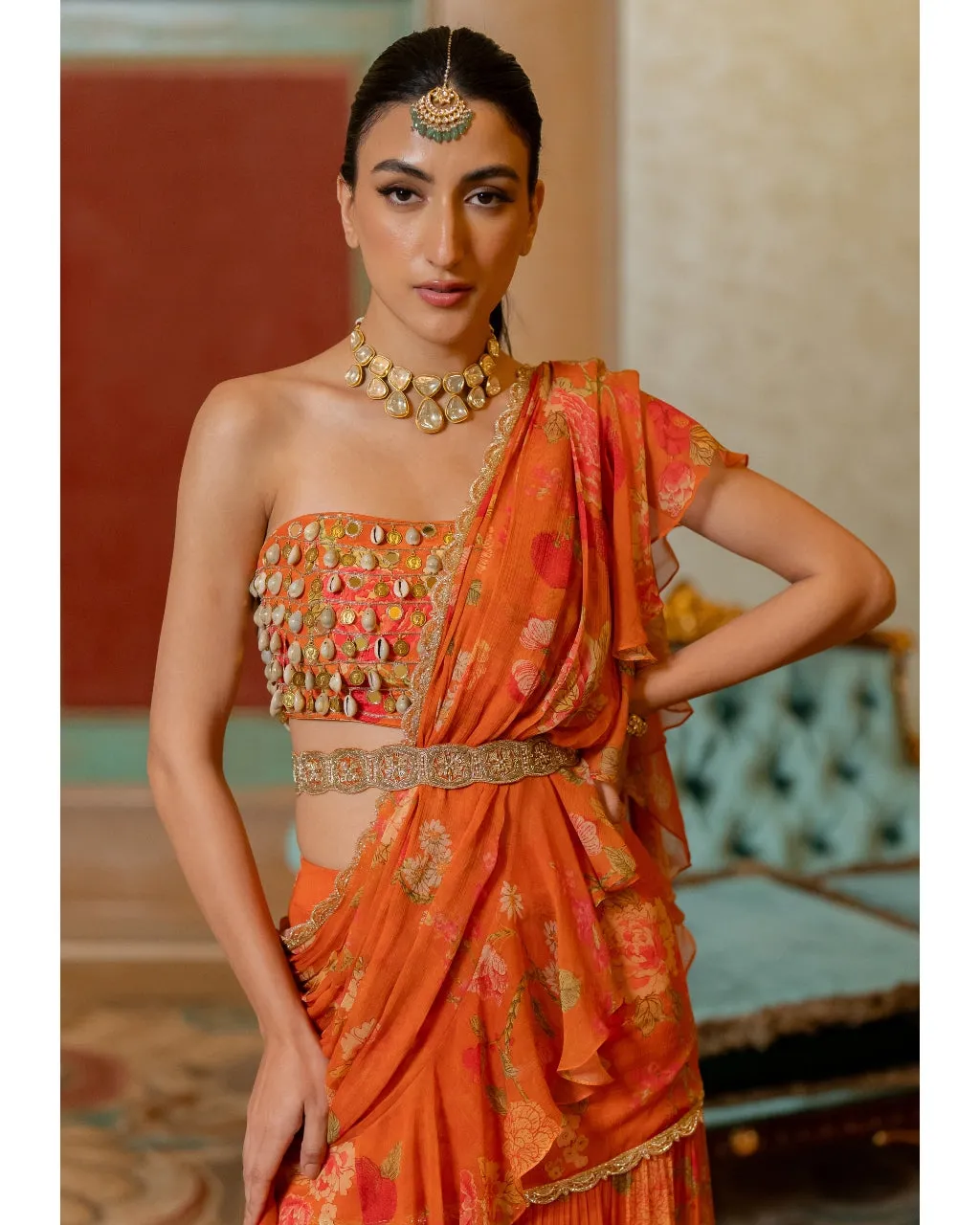 Rust Orange Floral Printed Chiffon Sari Set