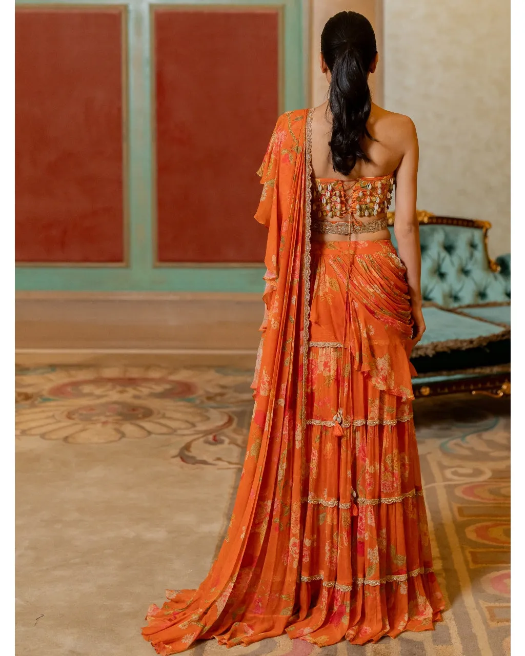 Rust Orange Floral Printed Chiffon Sari Set