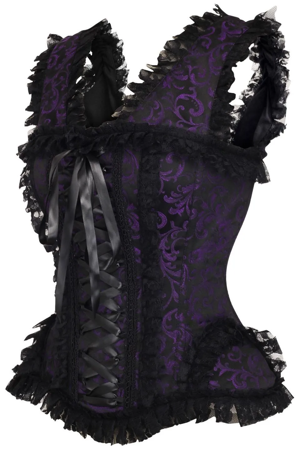 Stylish Purple and Black Swirl Brocade Corset with Lace Detail and Cap Sleeves